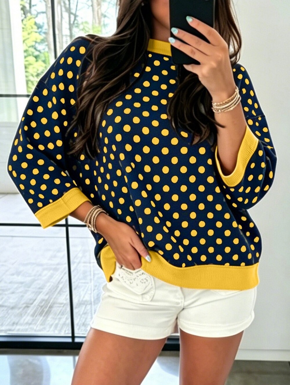 Polka Dot Navy & Yellow Casual Women's Top